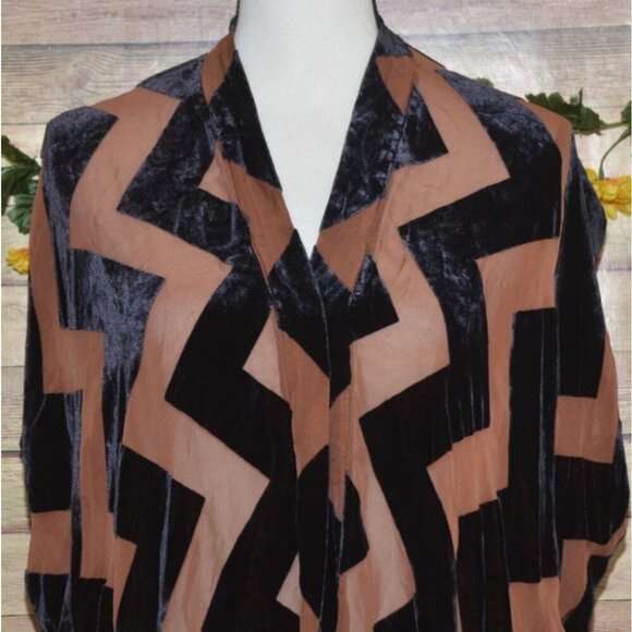 Dolan Antropologie L Brown Silk Black Velvet Chevron Open Top Jacket Sleeveless - Picture 4 of 10